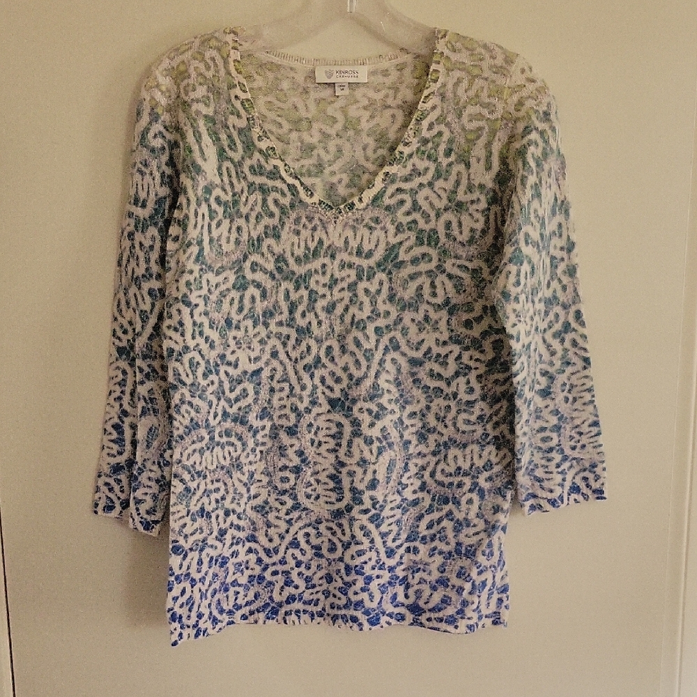 Kinross Cashmere Green and Blue Patterned Sweater and Scarf